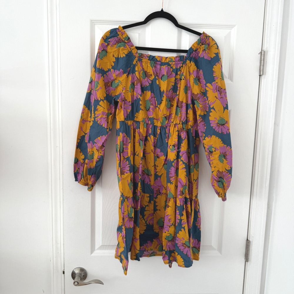 Hudson & Bay Floral Print Mini Dress Long Sleeve Square Neck Casual Boho Funky - Picture 7 of 10
